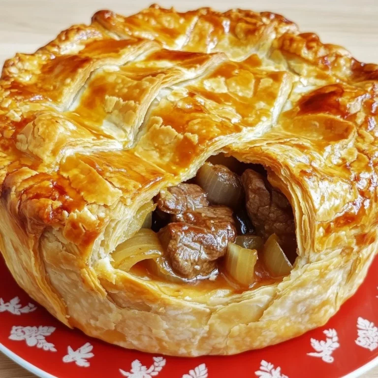 Beef stew and caramelized onion tart baked in puff pastry