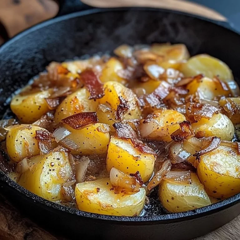 Caramelized sautéed potatoes with bacon served on a plate