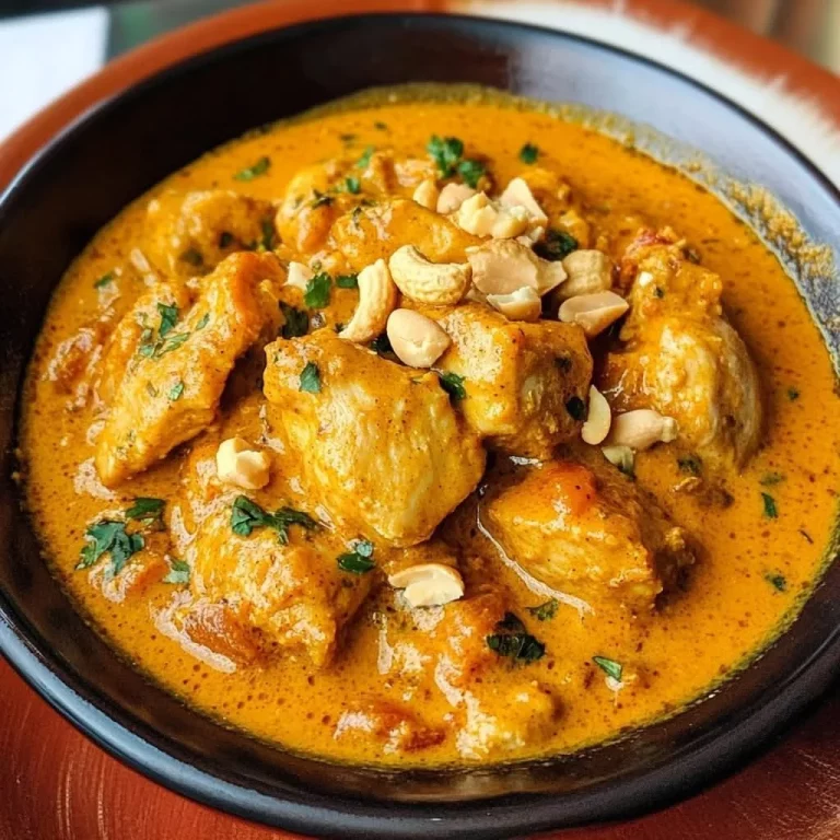 Peanut butter and curry chicken dish garnished with fresh herbs