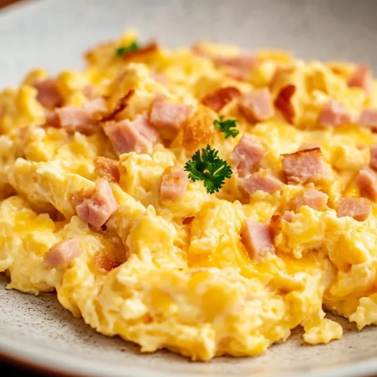 Scrambled eggs with ham served on a plate, garnished with herbs