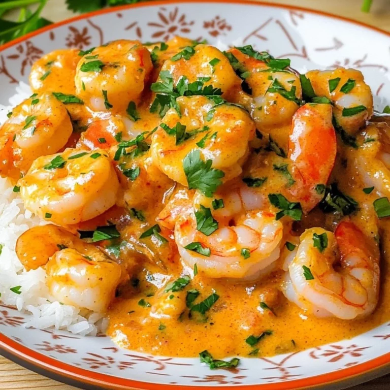 Shrimp in creamy coconut-tomato sauce served with flavored rice on a plate