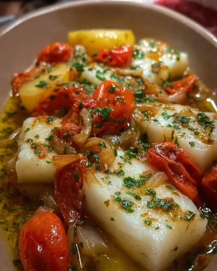 Baccalà con patate, pomodorini freschi e cipolle in un piatto appetitoso