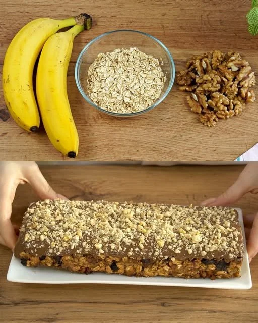 Barrette di avena con noci e banana ricoperte di cioccolato