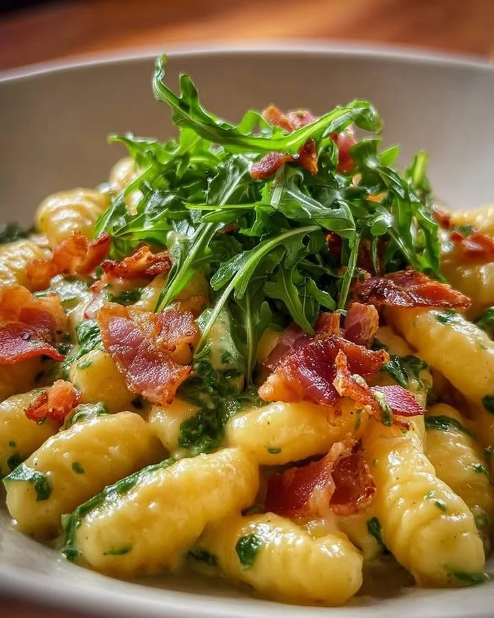 Cavatelli con Speck, Rucola e Crema di Patate, piatto tipico italiano