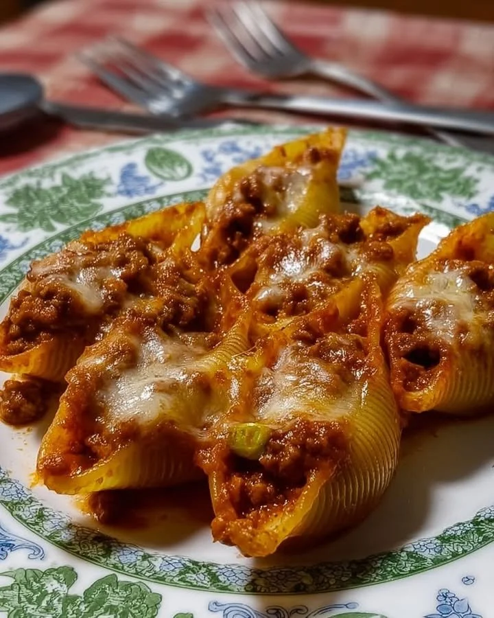 Conchiglioni al forno ripieni di ragù alla siciliana e besciamella.