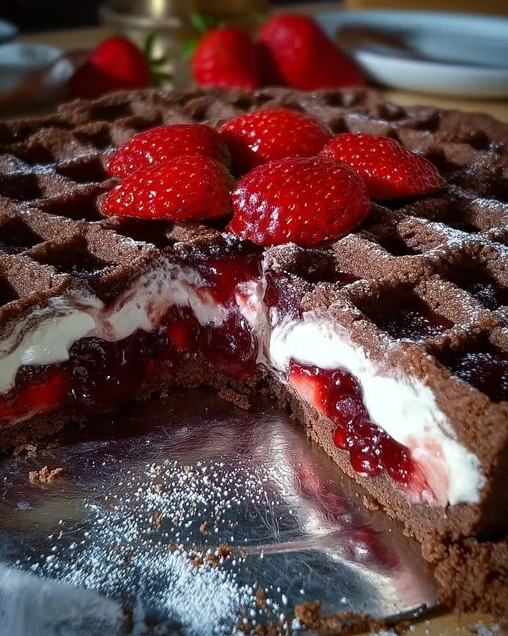 Crostata di frolla al cacao con ripieno di ricotta e marmellata di fragole