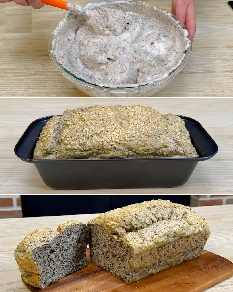Scheibe frisch gebackenes Eiweißbrot auf einem Schneidebrett.