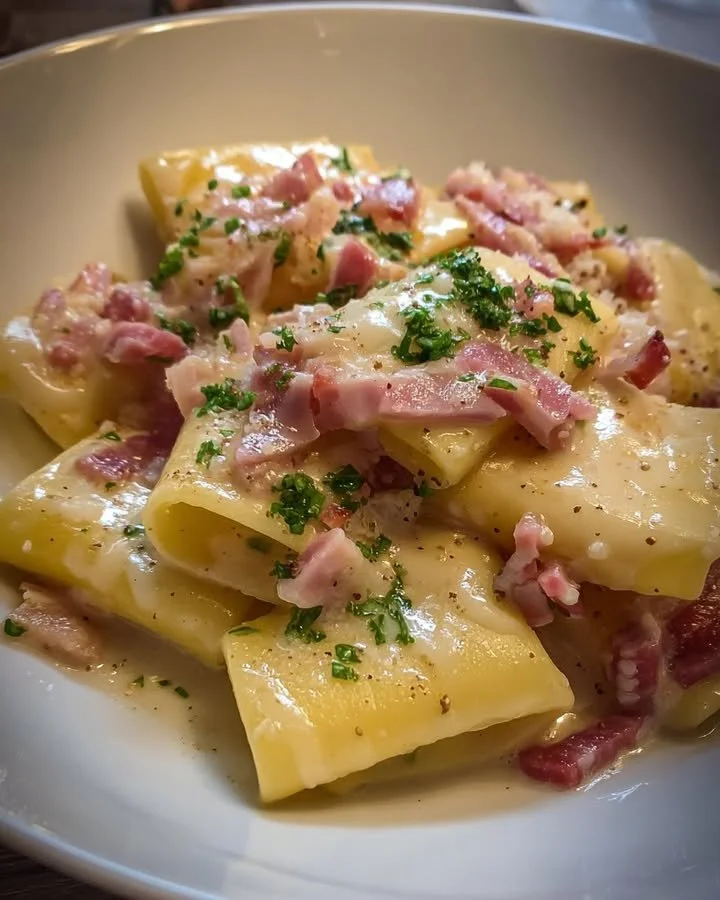 Paccheri con crema di patate e pancetta serviti in un piatto elegante.