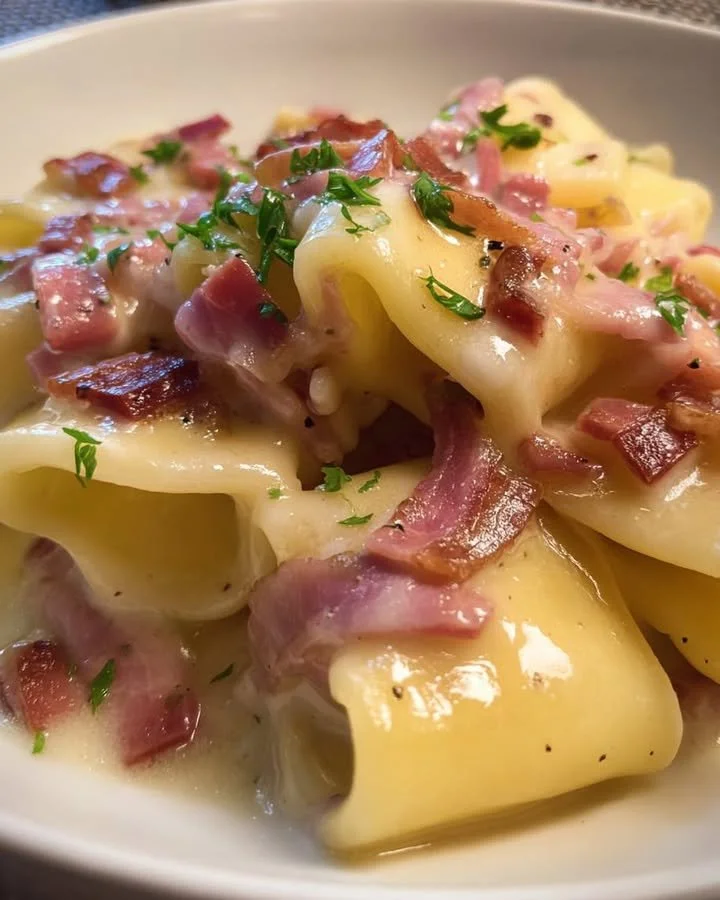 Paccheri con crema di patate e bacon su piatto bianco