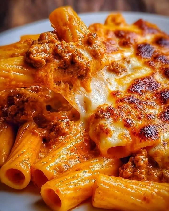 Piatto di rigatoni con besciamella, ragù bolognese e provola su un tavolo.