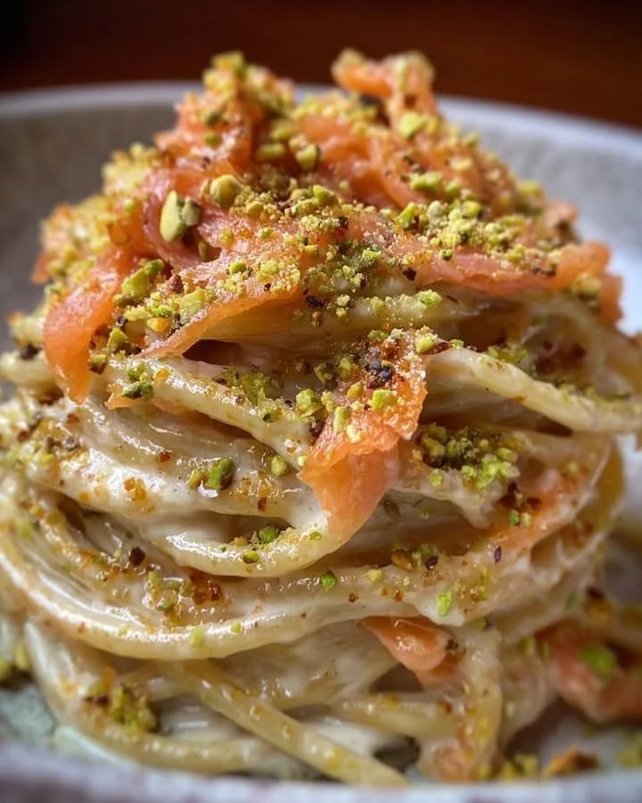 Spaghetti con Crema di Parmigiano, Pistacchio e Salmone, un piatto gourmet
