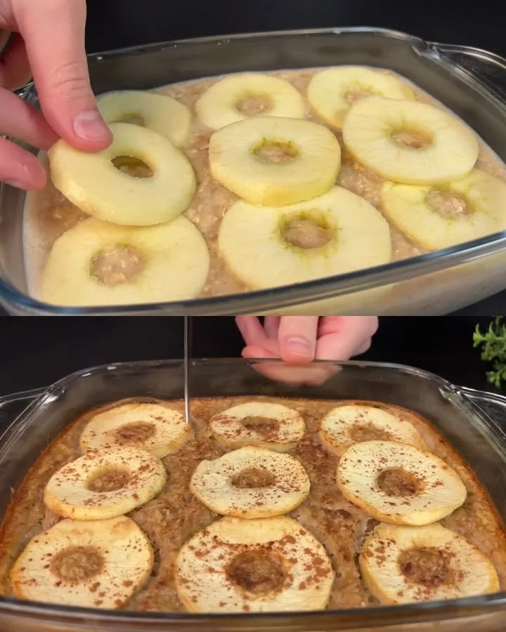 Torta di avena e banana al forno con mele, dessert sano e delizioso.