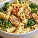 Delicious creamy chicken broccoli pasta dish served in a bowl.