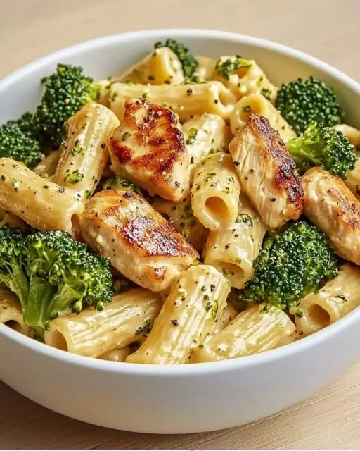 Delicious creamy chicken broccoli pasta dish served in a bowl.