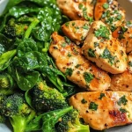 Garlic Chicken with Broccoli and Spinach dish garnished and served on a plate