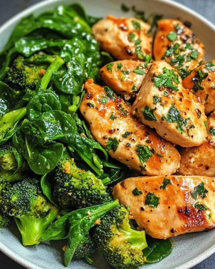 Garlic Chicken with Broccoli and Spinach dish garnished and served on a plate